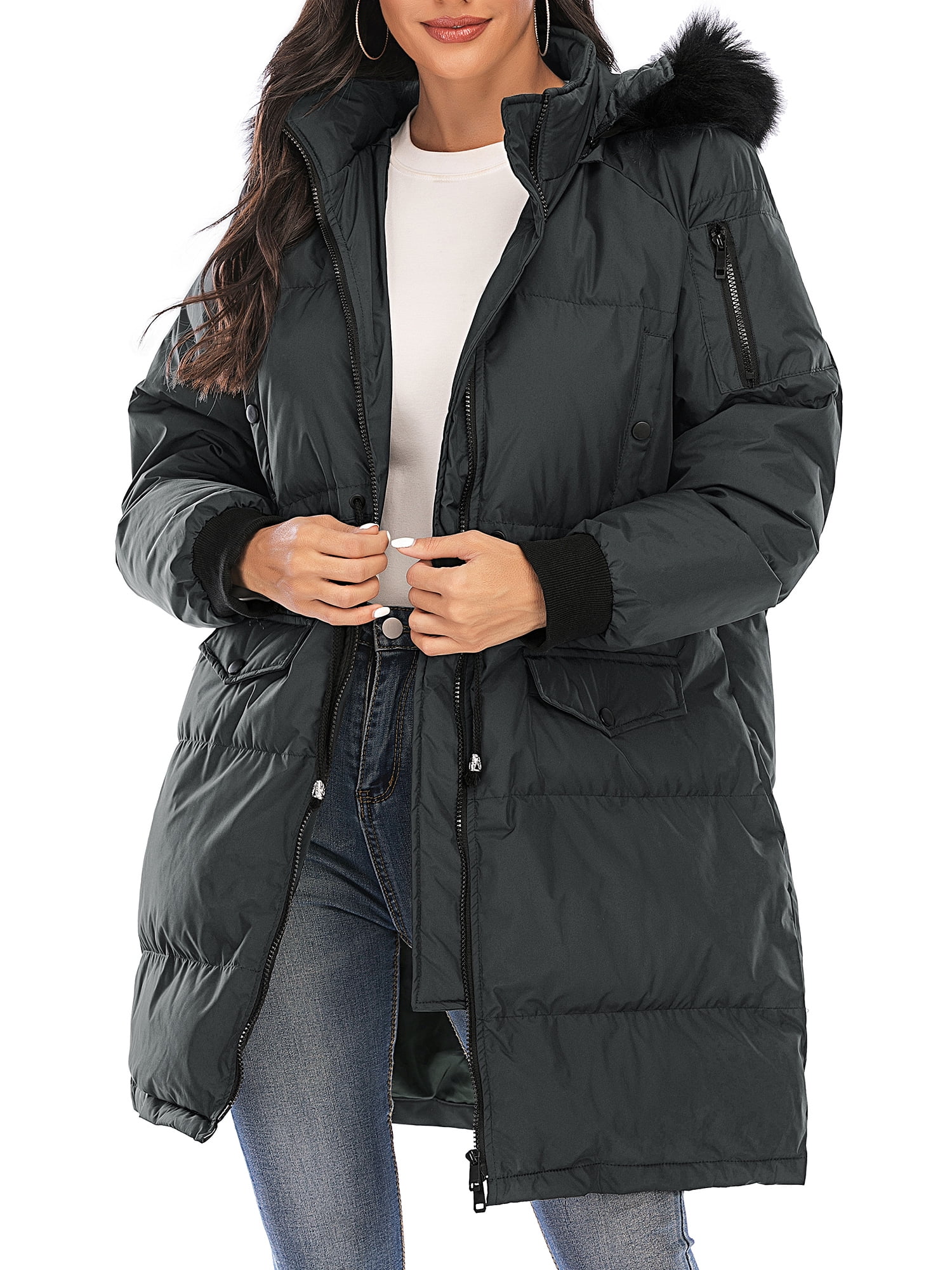 womens mid length black puffer coat