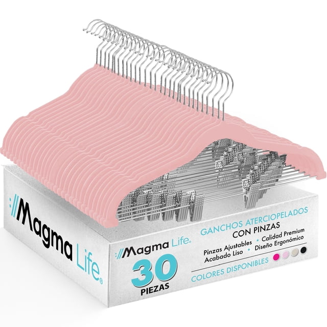 MAGMALIFE Set de 30 Ganchos de Terciopelo con Pinza Ajustable, 42 cm, Ganchos Antideslizantes y Resistentes, con Gancho Giratorio, Ideal para Pantalones, Faldas, Jeans y Camisas (Rosa)
