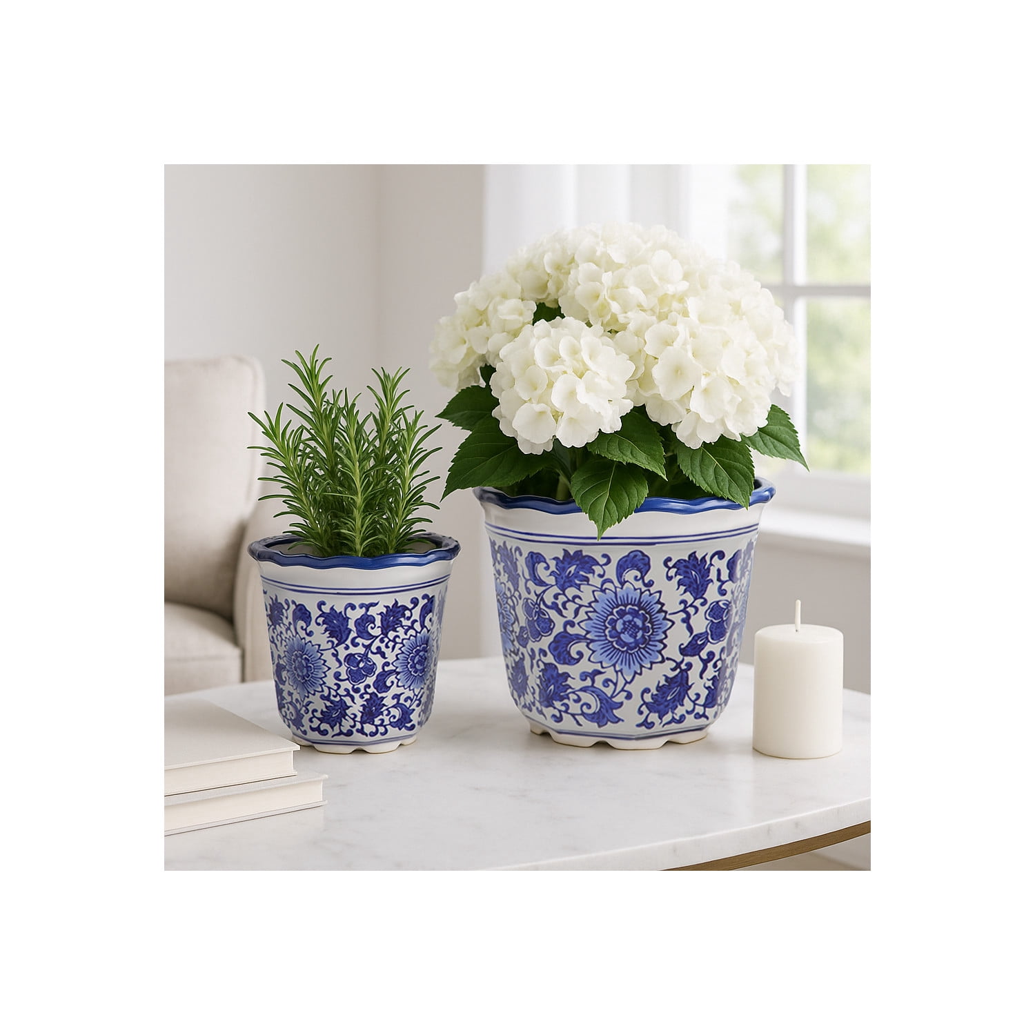 Decorative Chinoiserie Flower Pots for Home Décor - Elegant Ceramic Plant Pots for Outdoor and Indoor Plants - Garden Accent for Living Room, Entryway, or Patio - Set of 2, 8", 7", Blue & White