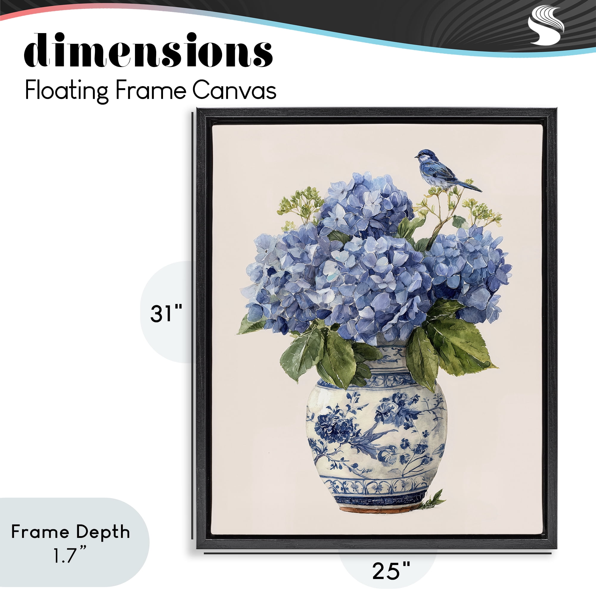 Stupell Industries Songbird Perched on Hydrangeas Black Framed Floater Canvas Wall Art, design by Imagine It Images