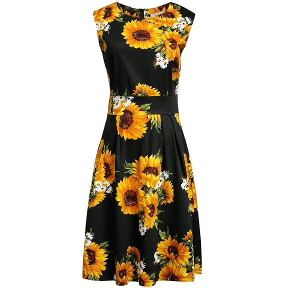 SSLR Womens 50s Sleeveless Vintage Crew Neck Casual Hawaiian Dress