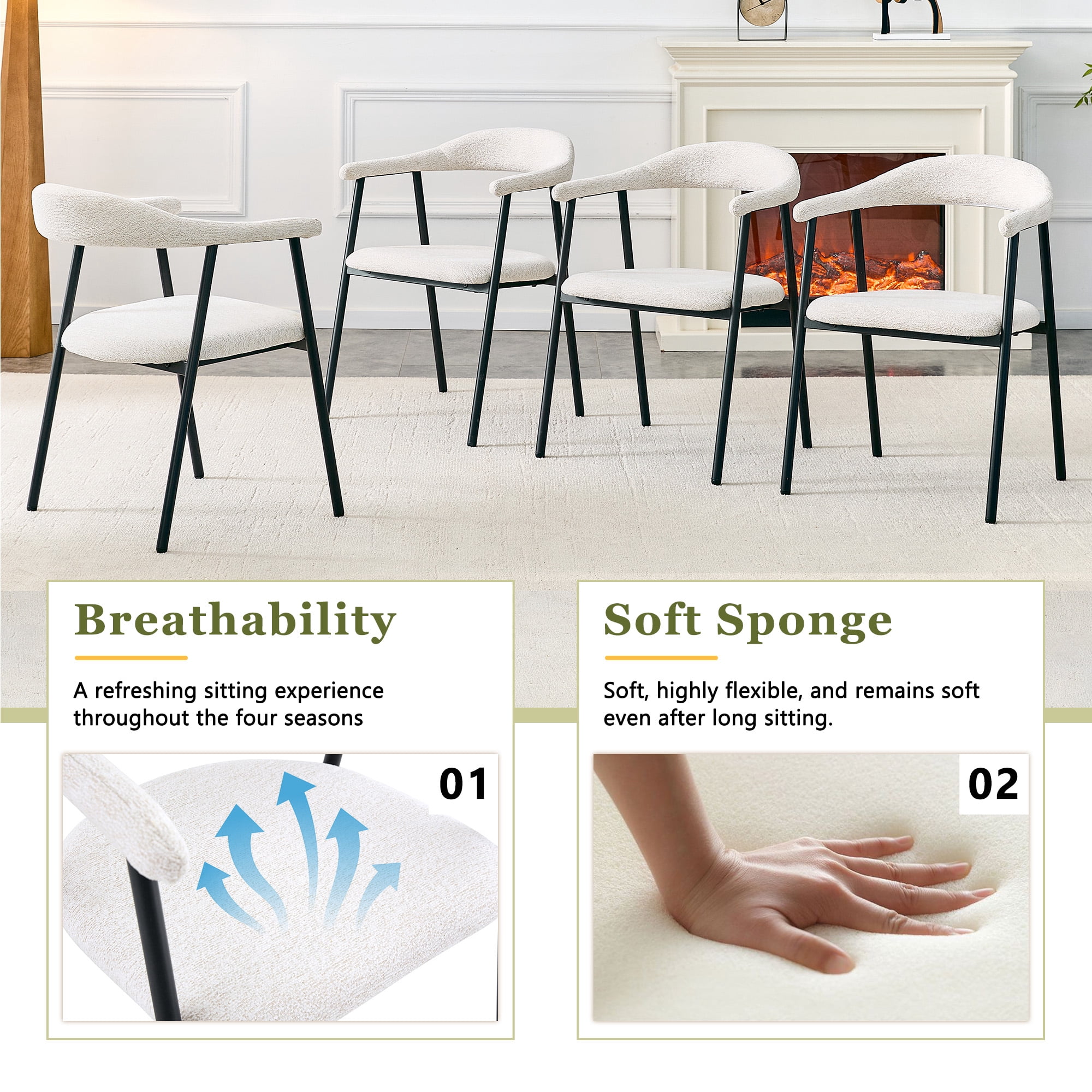 Leumius Dining Chairs Set of 4,Sofa Fabric Dining Room Chairs with Cushion Seat and Metal Legs,Modern Minimalist Style Kitchen Chairs for Kitchen Living Room,Easy Assembly,White Fabric