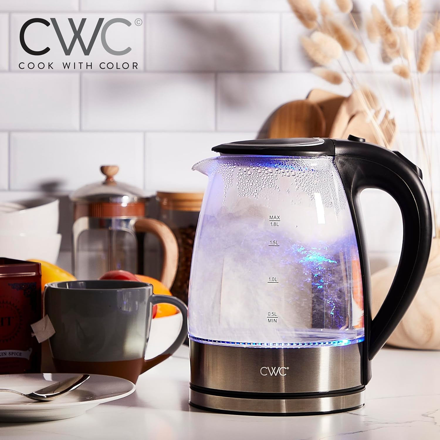COOK WITH COLOR Rapid Boil Electric Kettle 1200-Watt Glass Water Boiler, 1.7 L Black
