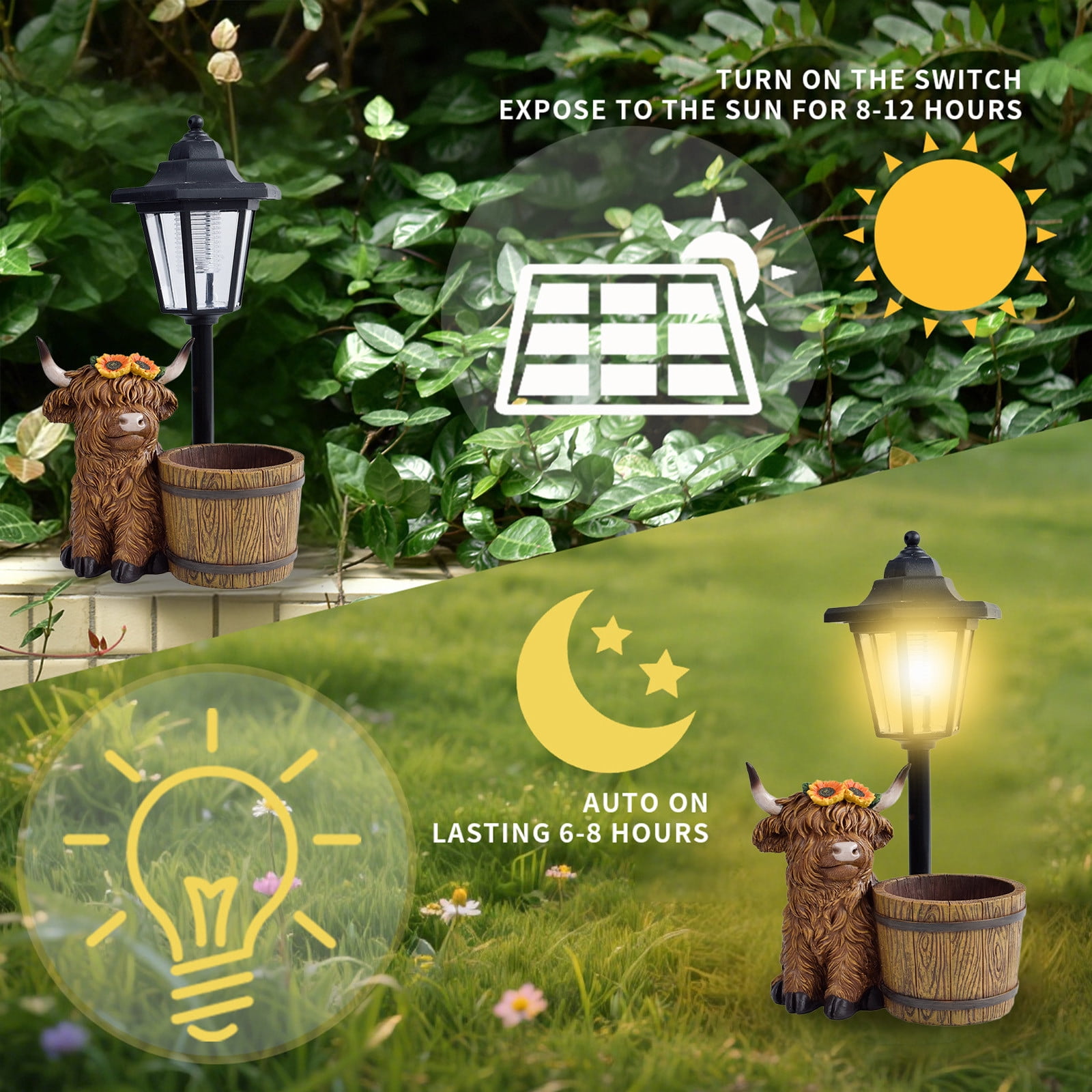 Garden Highland Cow Statue - Solar Outdoor Decor with LED Lantern, Rustic Lawn Ornament for Yard, Patio & Balcony, Unique Gift for Women & Mom, Weather-Resistant Farmhouse Decor