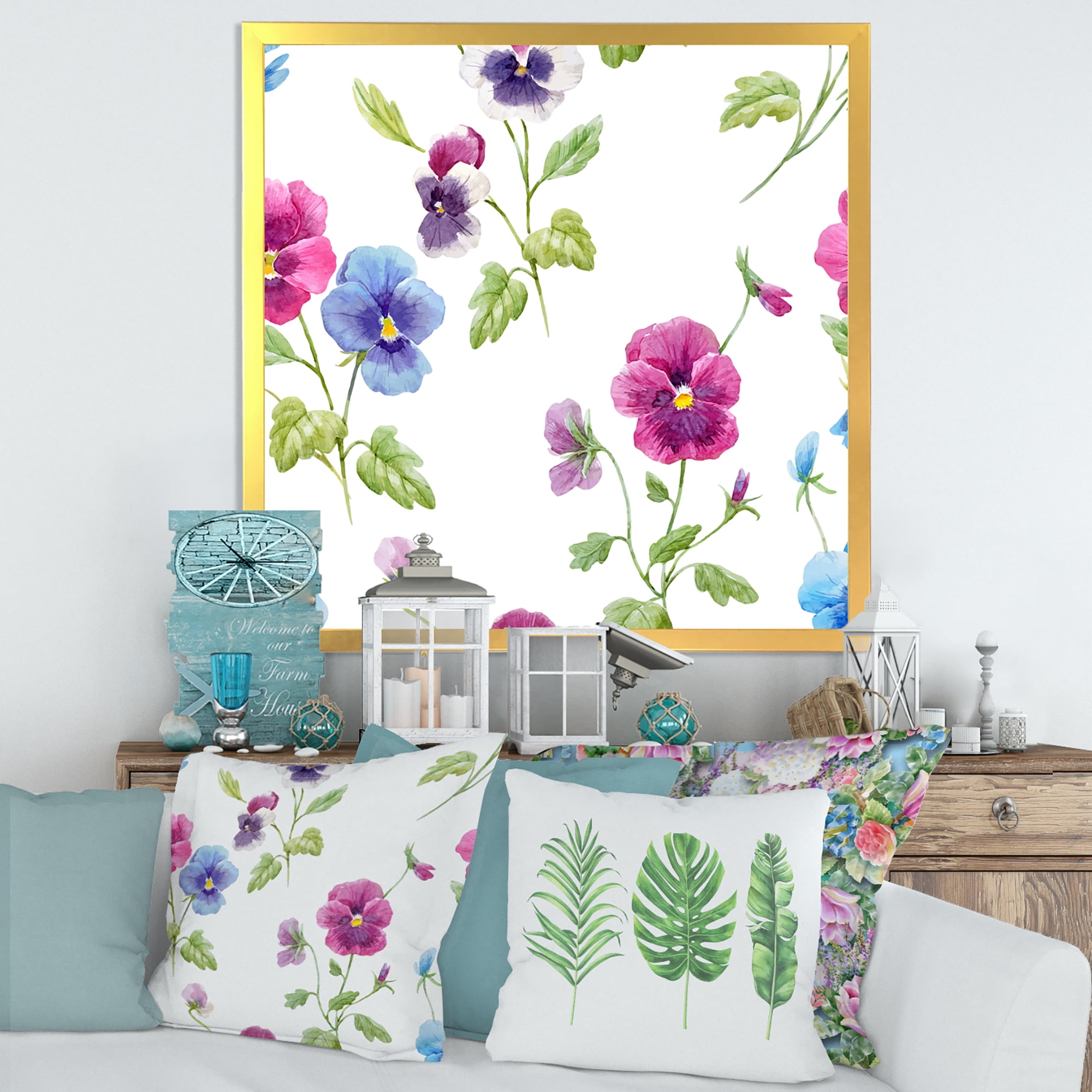 Designart 'Blue and Pink Pansy Flowers II' Traditional Framed Art Print