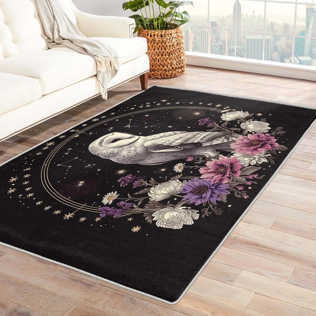 Owl Rugs for Living Room - 4x6 Rug - Owl Rug - Floral Wisdom Bird Area Rug - Barn Owl and Flower Rugs - Black Aesthetic Carpet