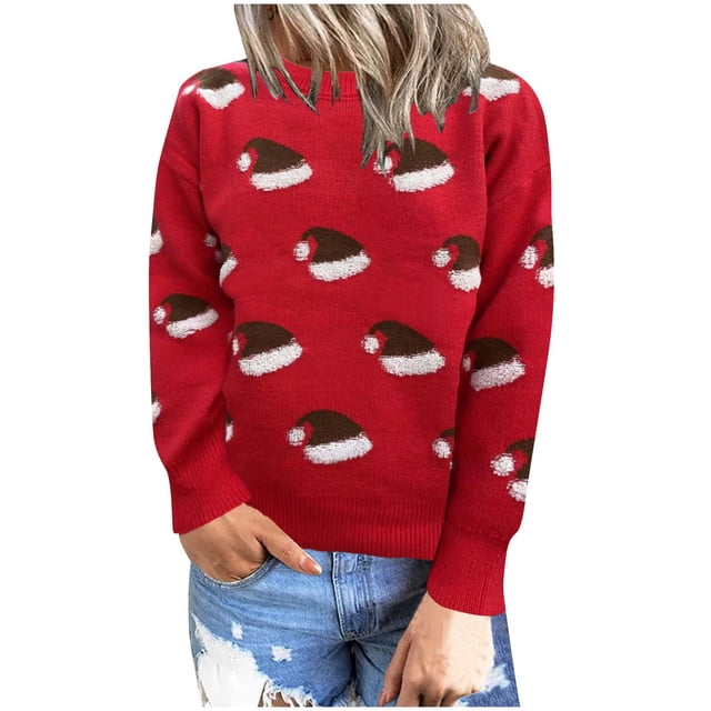 TIMIFIS Chandail de Noël pour Femmes à Manches Longues Imprimé Graphique Col Rond Léger Tricoté Chandail d'Automne Décontracté chandail de Vacances