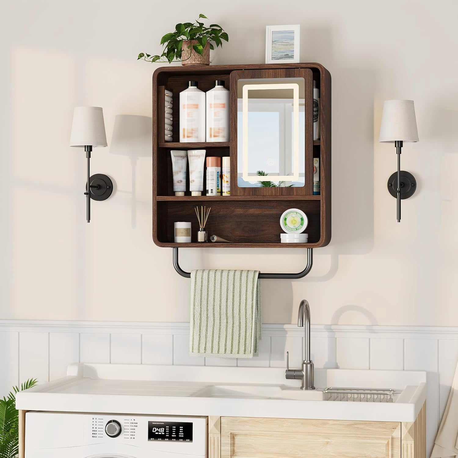 Vecenuy Modern Bathroom Wall Cabinet, Medicine Cabinets with Mirror, Over The Toilet Storage Cabinet for Bathroom, Towel Bar, Sliding Door, 3 Lighting Modes, Adjustable Brightness, Dark Walnut