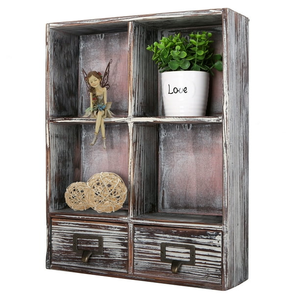 Wall Mounted Rustic Torched Wood Shadow Box With 4 Cubby Shelving