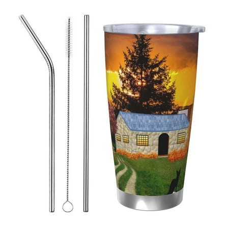 

Uemuo Fall Village Scenery Print Travel Coffee Mug 20oz Double-walled Car Cup Stainless Steel Insulated Tumbler Leak-proof Travel Cup Reusable Straw Car Cup-Straw Three-piece Set