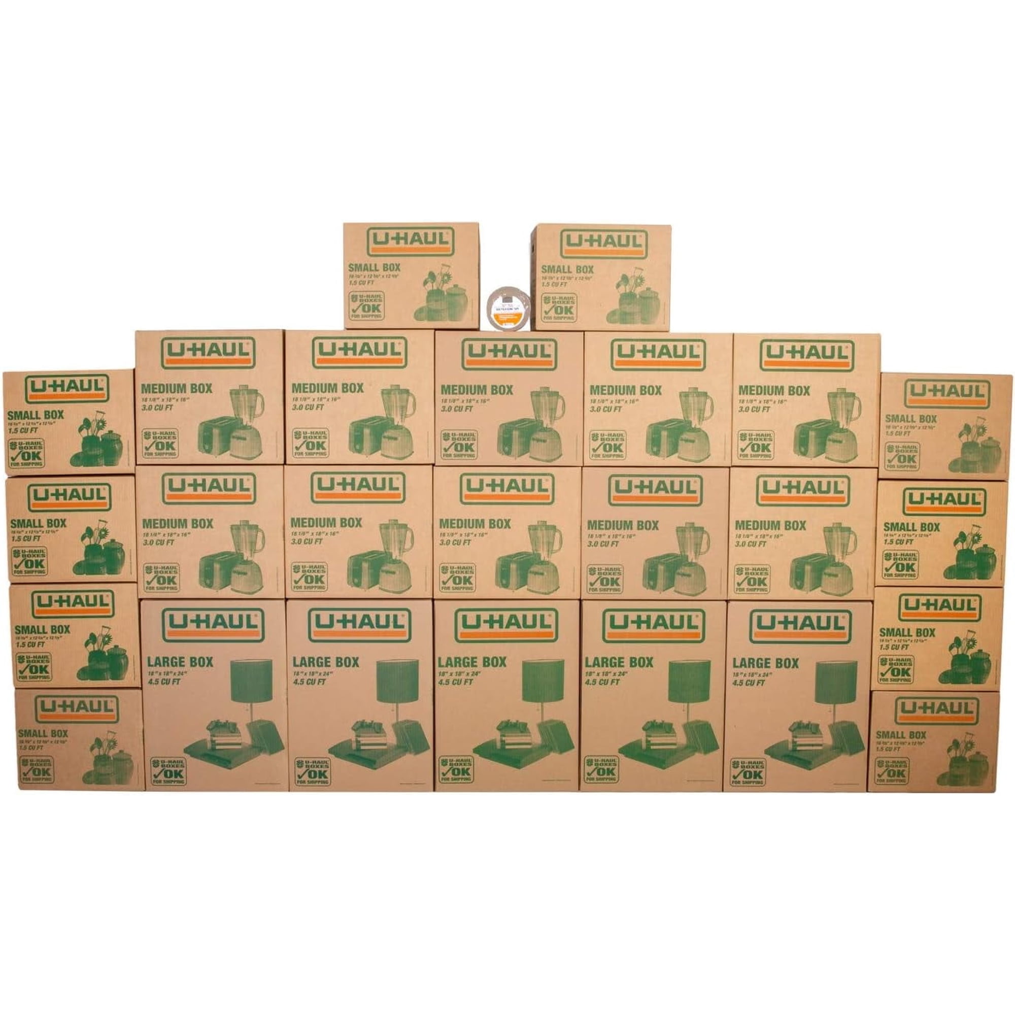 U-Haul Moving Box Variety Pack, 10 Small, 10 Medium, 5 Large Boxes with Tape for Moving, Packing, Shipping, Storage