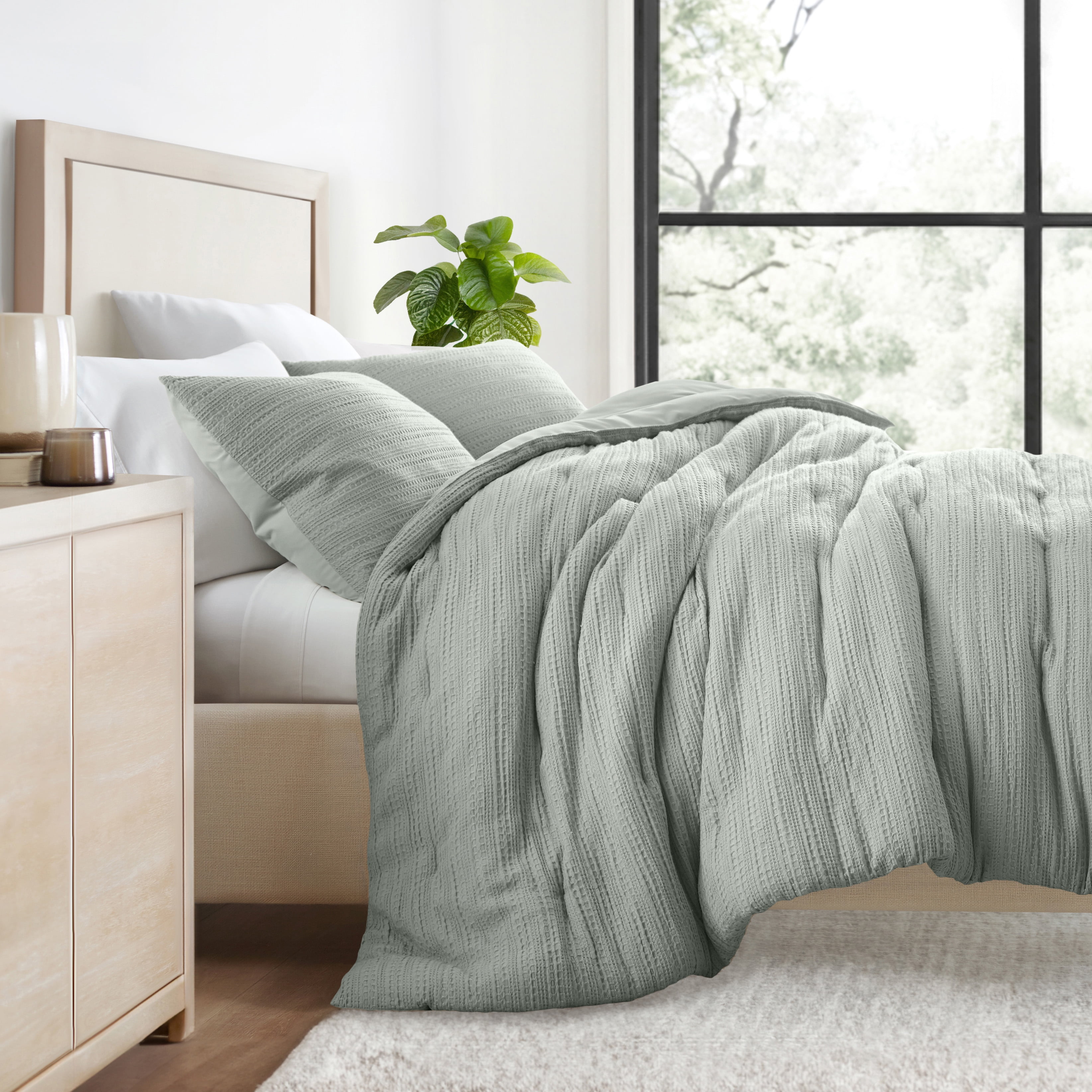 Textured Waffle Comforter Set in Sage Green for Full/Queen Size Bedding by Comfort Canopy
