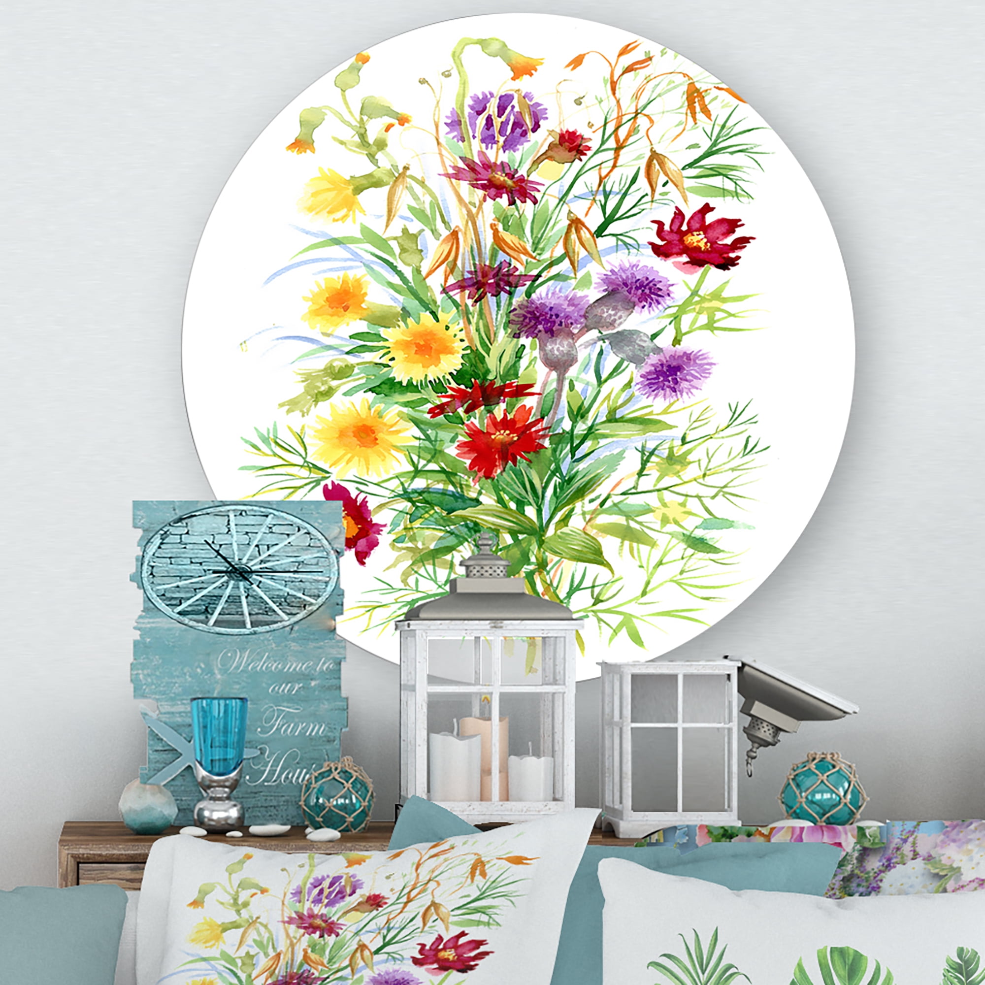 Designart 'Colorful Bouquet Of Wildflowers In Nature' Farmhouse Circle Metal Wall Art 23x23 - Disc of 23