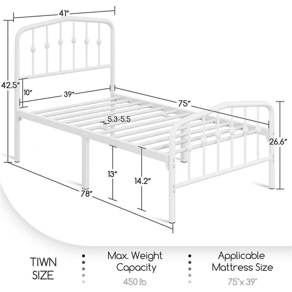 Renwick Twin Size Metal Platform Bed with Arched Headboard and Footboard for Adult, White