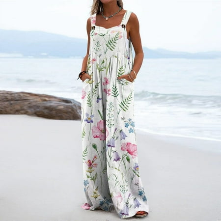 

Aueoeo Cute Summer Outfits for Women Womens Summer Floral Jumpsuit Casual Buttons Sleeveless Wide Leg Long Pants Pajamas Jumpsuit with Pockets