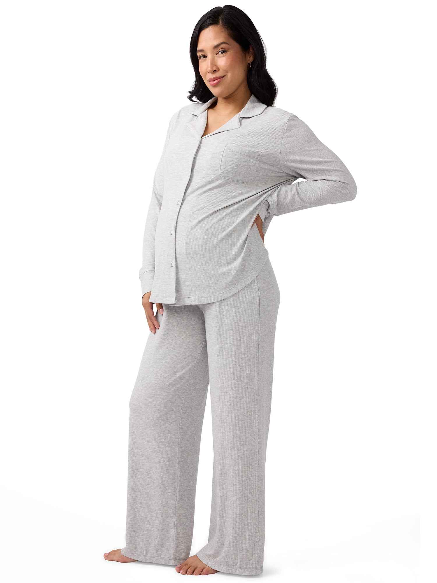 Ingrid & Isabel For Every Belly Women's Maternity Long Sleeve Button Down Shirt & Open Leg Pajama Set, Sizes S-XXXL