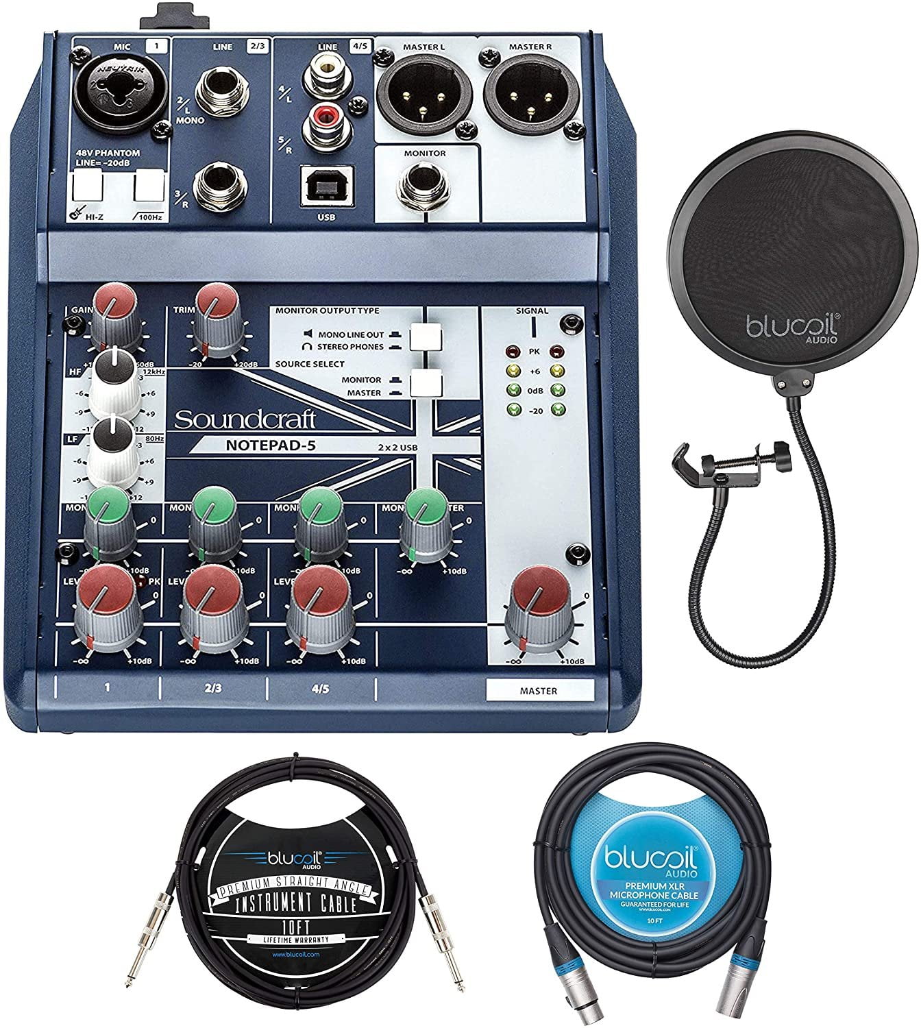 Soundcraft　with　Instrument　Mixing　Notepad-5　Console　Straight　Analog　Cable　Blucoil　XLR　Filter,　Pop　Cable