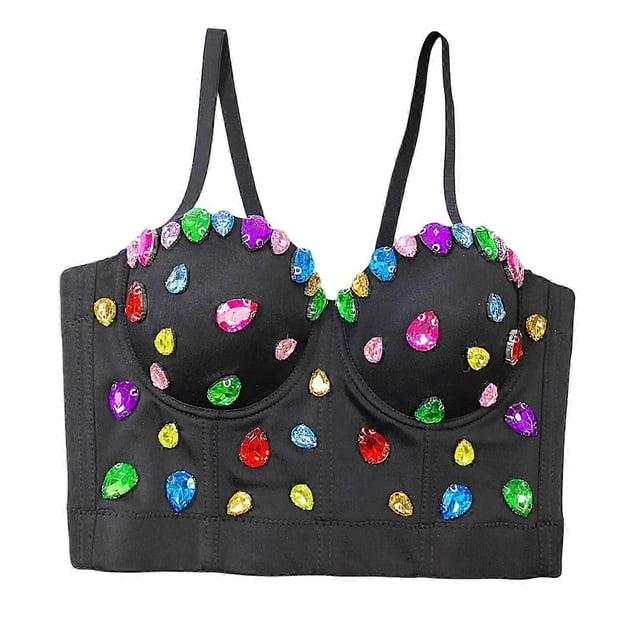 Women Spaghetti Strap Push Up Padded Corsets Camisole Colorful Rhinestones Beaded Fish Boned Bustier Crop Top Clubwear 40 light green