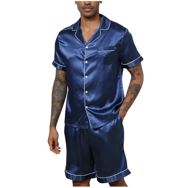 Ensemble de Peignoir pour Hommes, Tenue d'Intérieur en Polyester Uni à Effet Satin avec Col Rabattu et Manches Courtes, Comprend Haut et Bas, Tenue Décontractée d'Hiver