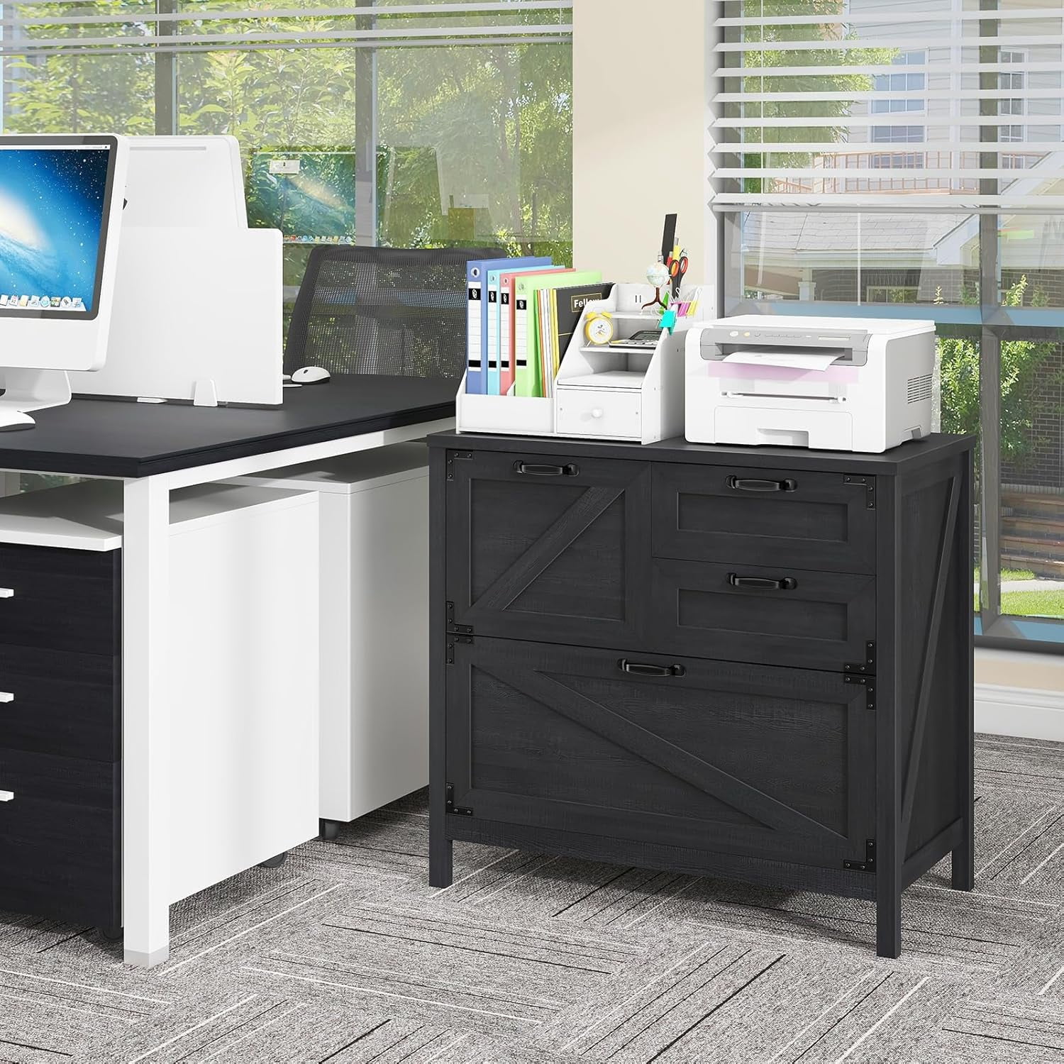 Vabches Lateral File Cabinet with 4 Drawers, Farmhouse Large Wood File Storage Cabinets Printer Stand for Home Office Cabinet