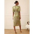 thumbnail image 2 of Elegant Yellow Silk Satin Floral Jacquard Round Neck Midi Dress With Split Hem, 2 of 6