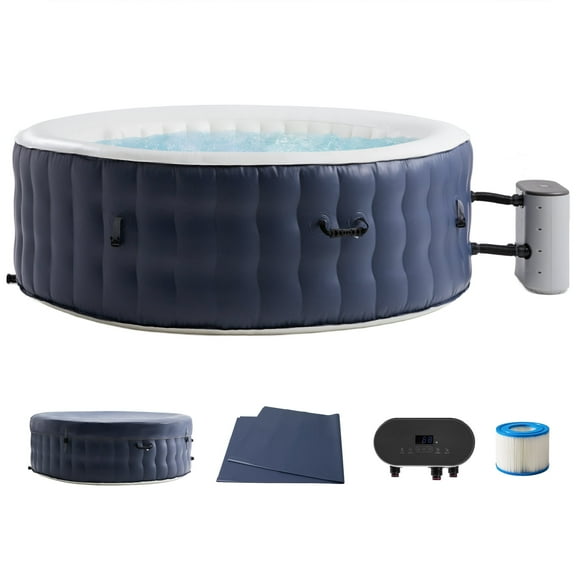 JXXRZ 4-6 Person Round Inflatable Hot Tub w/ 120 Jets, Manual Controls, Thermal Cover, 71x24", Indoor/Outdoor, Blue