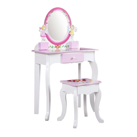 Kids Vanity Set Floral Printed Wooden Makeup Dressing Princess Table with Mirror and Stool for Role Playing Pink