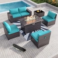 thumbnail image 1 of Kullavik 7 Pieces Outdoor Patio Furniture Set with 43" Gas Propane Fire Pit Table PE Wicker Rattan Sectional Sofa Patio Conversation Sets,Blue, 1 of 7