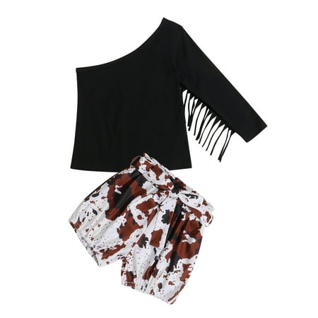 

EYIIYE 2PCS Kids Girls Black Tassel Sloping Shoulder Long Sleeve Tops Print Shorts/Long Pants Set