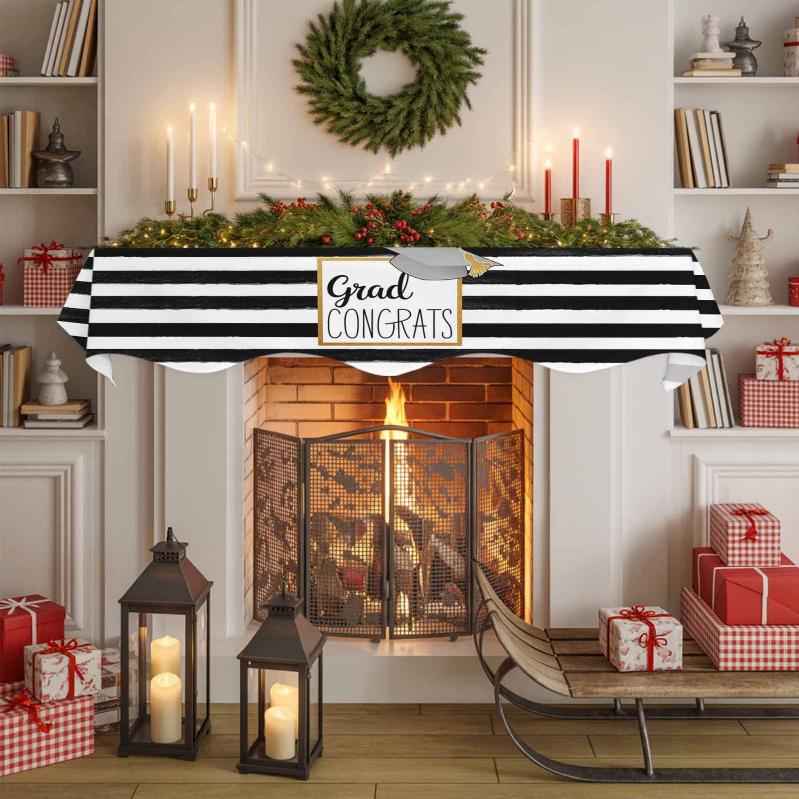 Graduation Trencher Cap Fireplace Mantel Scarf Table Runner, Farmhouse White Black Horizontal Stripes Winter Garland Mantel Top Tablerunners Dresser Scarves Cover Decor for Party Living Room 60"x17"
