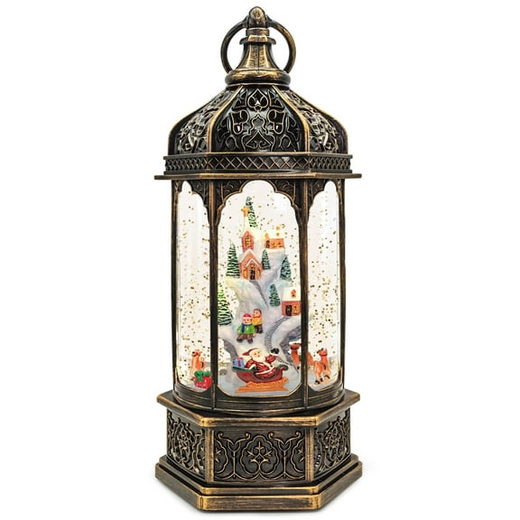 Cylindrical Bronze Christmas Snow Globe Lantern - 8 Songs, 6H Timer, Flashing Glitter Snowflakes | Christmas Tree & Snow Mountain Scene, Holiday Gift
