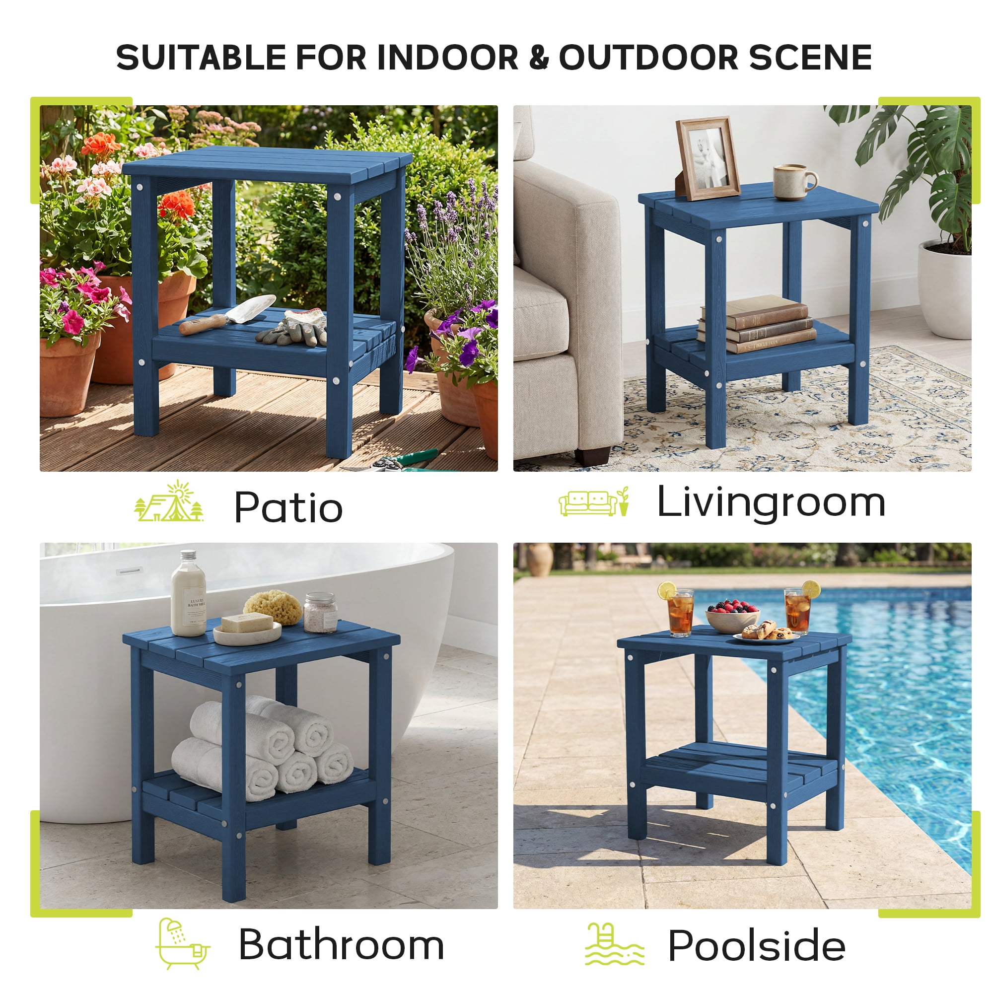 FUNDAZE HDPE 2-Layer End Table for Living Room, Outdoor Side Table, Patio Small End Table, Navy Blue
