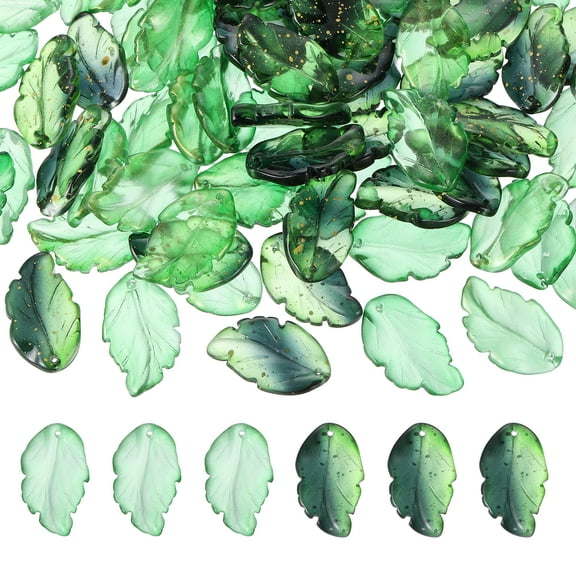 Uxcell Glass Leaf Beads, 100Pcs Cute Crystal Leaf Charms, Translucent Czech Spacer Beads for DIY Jewelry Making Bracelets Necklace Wind Chimes Suncatchers, Grass Green/Dark Green
