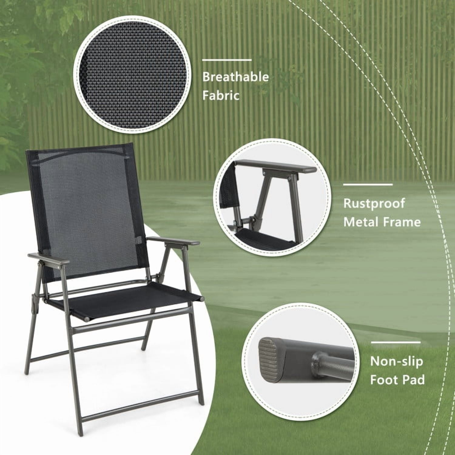 Resenkos 2 Pieces Patio Folding Chairs with Armrests for Deck Garden Yard-Black & Gray, Outdoor Dining Chair for Outside Patio, All Weather, Porch, Garden, Poolside