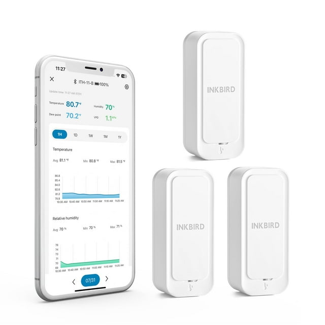 INKBIRD ITH-11-B Bluetooth Thermometer Hygrometer, Smart Digital Temperature Humidity Sensor with IP65 Waterproof, 2 Years Data Storage Export,