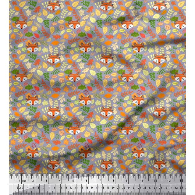Soimoi Poly Georgette Fabric Leaves & Fox Face Cartoon Fabric Prints by Yard 42 Inch Wide
