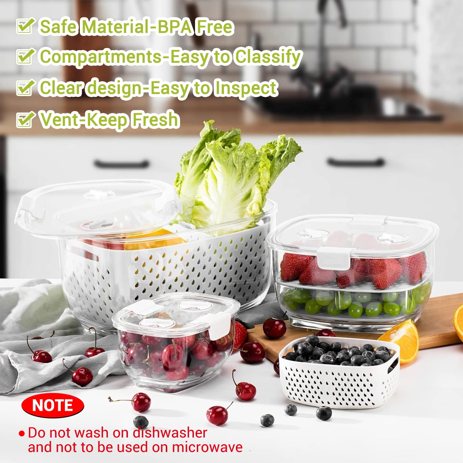 LUXEAR Fresh Container, BPA-free, Partitioned Fruit Storage Container 3 Pack Produce Container for Refrigerator, White