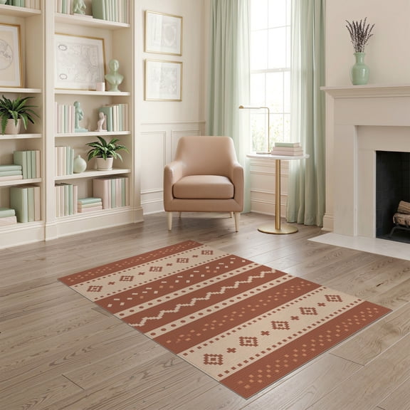 ODIKA 4'x6' Beige Pink Geometric Malta Design Washable Area Rug Handwoven Wool with Intricate Patterns for Home Office, Under Desk, Non-Slip Chair-Friendly, Flatwoven