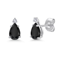 Gem Stone King 14K White Gold Black Onyx and White Created Sapphire Stud Earrings for Women | 0.82 Cttw | Gemstone December Birthstone | Pear Shape 6X4MM