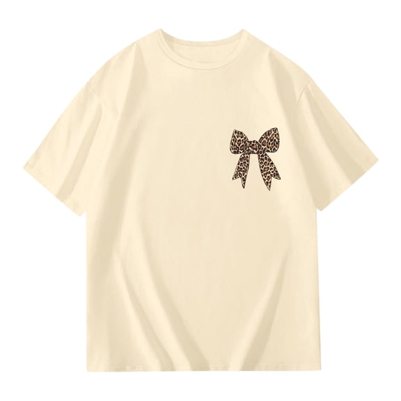 Tisuna Loose Fit Summer Tees For Girls Child Leopard Bow Print Short Sleeve Crew Neck Tops Comfortable Soft Toddler Kids Pullover Shirts Beige Size 12-24 Months