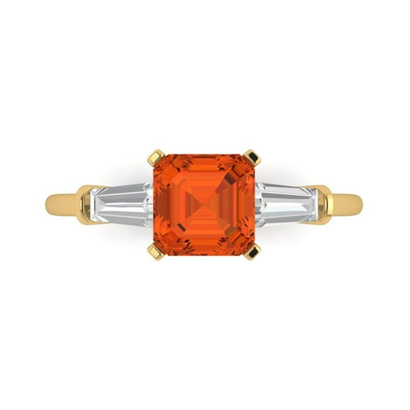 Clara Pucci 14K Yellow Gold Solid Gold Red Three-Stone Anniversary Ring for Women - 1.62 cttw Square Emerald Cut