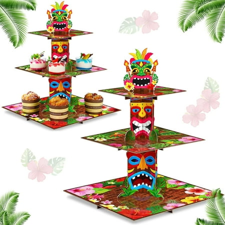 3 Tier Hawaiian Cupcake Stand Tiki Torch Cupcake Holder Luau Theme Cake Holder Decorations Tropical Cake Dessert Holder for Summer Pool Beach Birthday Party Supplies