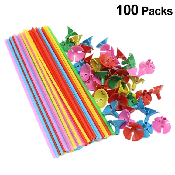 OUNONA 100 Set of Plastic Balloon Sticks Holders with Cups for Wedding Party Anniversary Decor(Colorful/40cm)