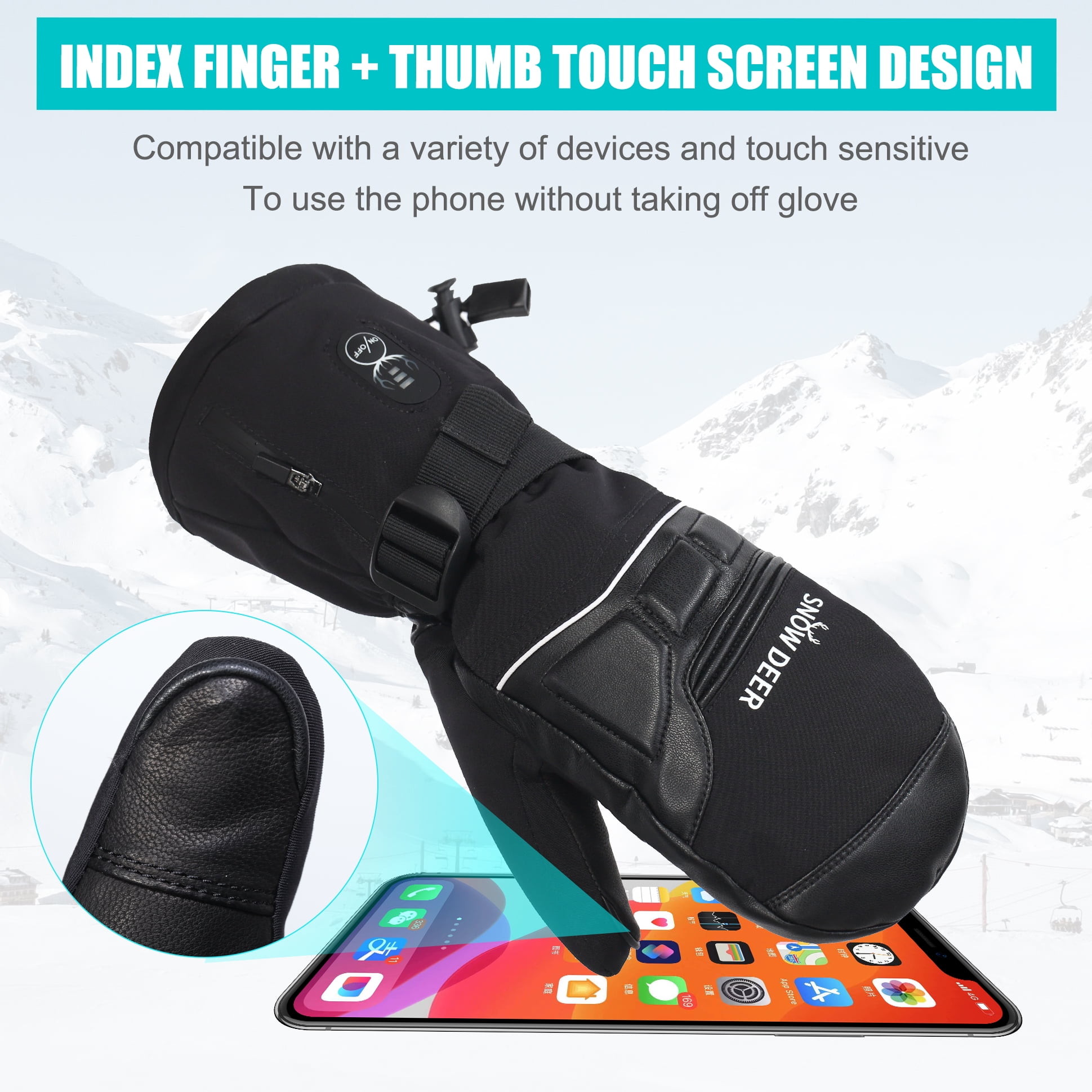 SNOW DEER Heated Mittens for Men and Women - 7.4V 2200MAH Electric Rechargeable Battery Gloves for Winter Skiing, Skating, Snow, Camping, Hiking - Heated Hand Warmer