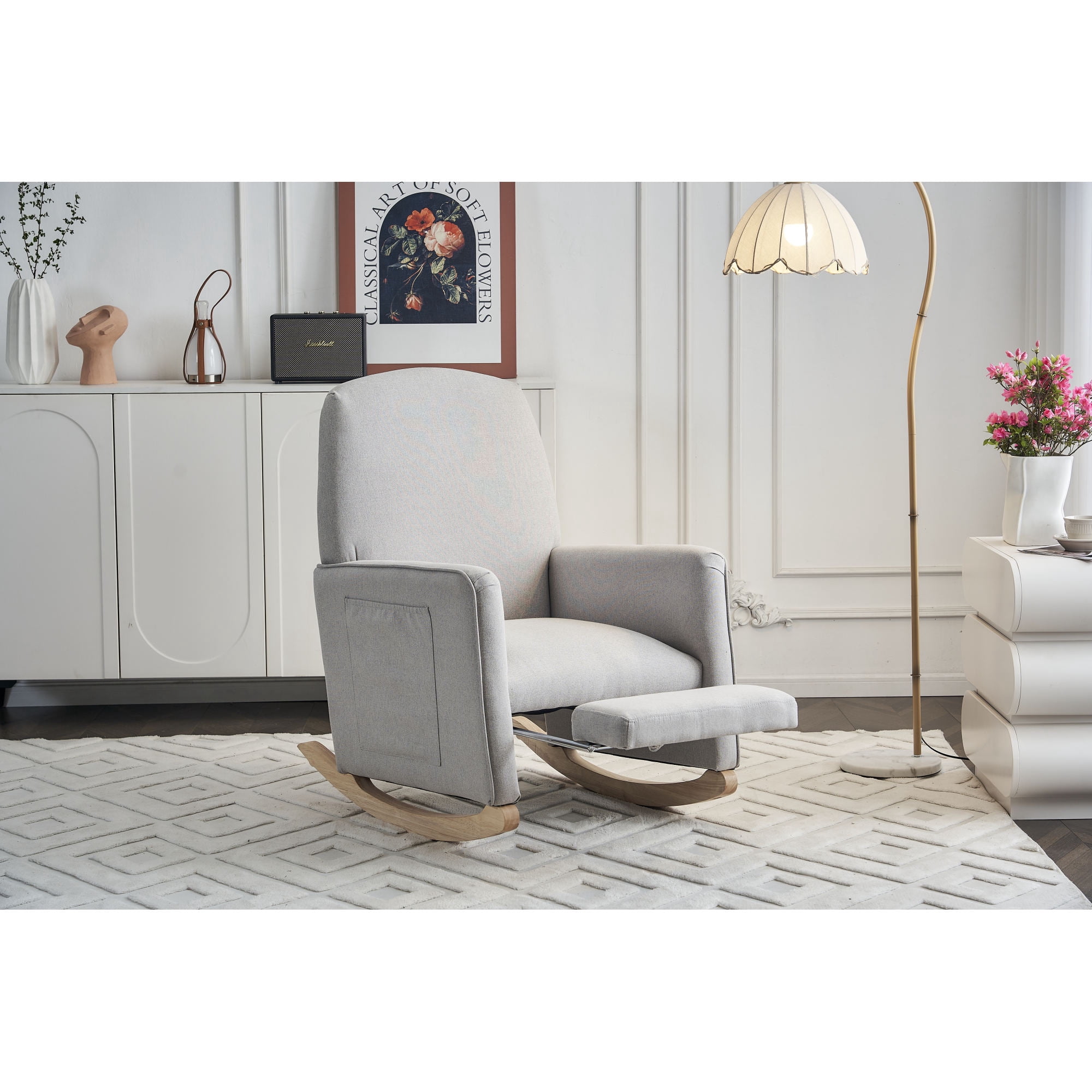 Leumius Nursery Rocking Chair,Cotton Linen Upholstered Glider Rocker Chair with Adjustable Footrest,Comfortable Rocker Recliner with Side Pocket for Living Room, Bedroom, Nursing Room,Light Gray