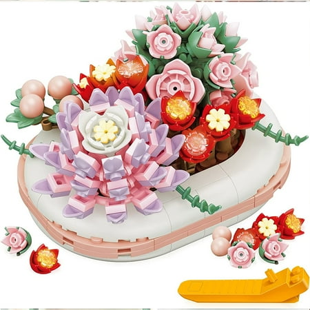 Flowers Succulents Plants Toy Building Set for Adults,Bonsai Succulents Flower Bouquet Building Blocks for Home Decor or Office Desk Toys, Pink(327PCS)
