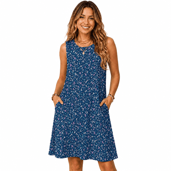 Women's Sleeveless Floral A-Line Casual Dress with Pockets