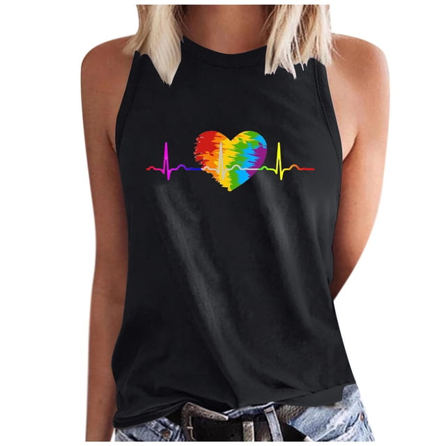lcziwo Camisoles Habillées pour Femmes 2024, Débardeurs pour Femmes Été T-Shirts Graphiques à Imprimé Cœur Col Ras du Cou Sans Manches Décontractés Amples Tuniques Blouses, Noir, m