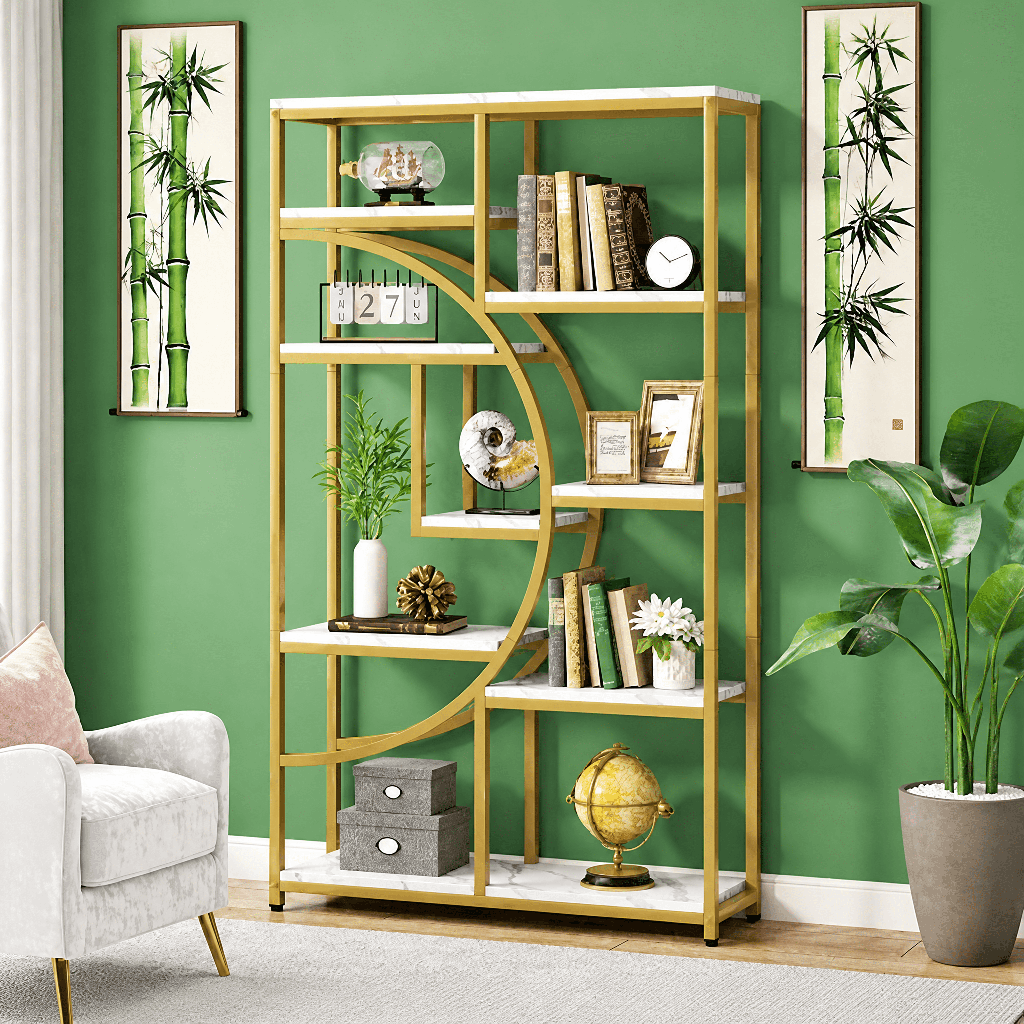 9-Tier Etagere Bookcase, Gold Metal Frame with White Marbling Boards, Half-Moon Silhouette, Industrial-Chic Design for Living Room/Home Office