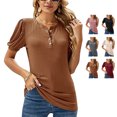 thumbnail image 4 of Camisa de manga abullonada con botones en la parte delantera, cuello redondo, estilo informal, camiseta diaria para mujer, 4 of 6